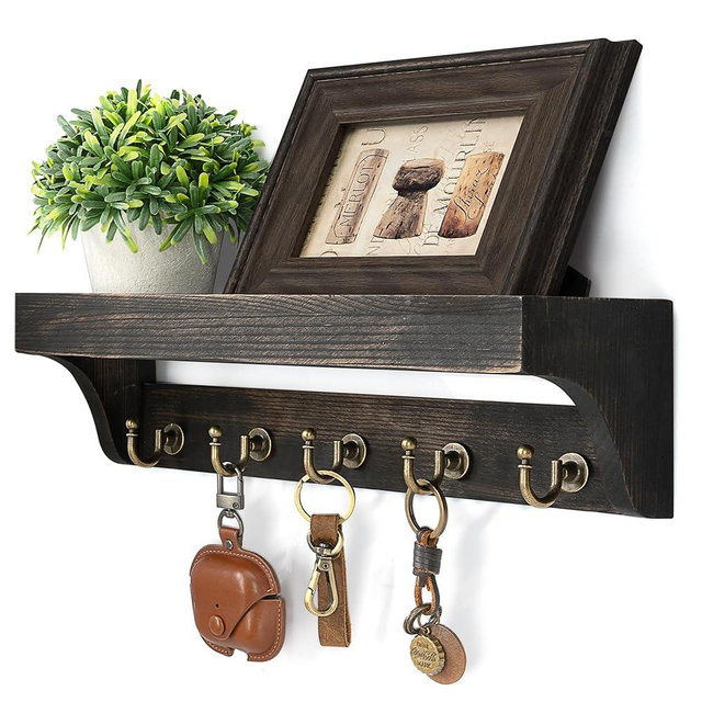 Rebee Vision Key Holder Wall Mount with Shelf – Rustic Key Holder for Wall with 5 Hooks for Keys & Leashes – Stylish Entryway Organizer for Home & Apartment (Distressed Black)