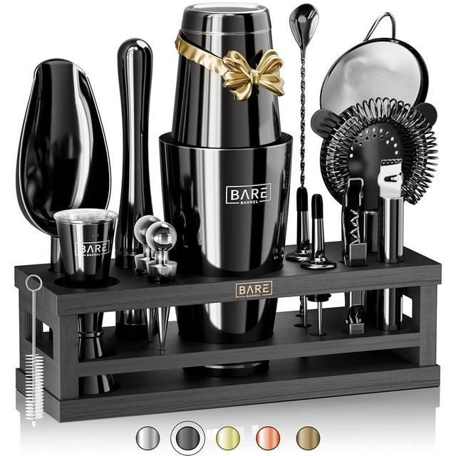 BARE BARREL® Mixology Bartender Kit Bar Set | 16-Piece Cocktail Shaker Set | Martini Barware Mixing Tools for Home Bartending | Incl. 35 Recipe Cards | Gift Set (28oz Boston Shaker, Jet Black/Black)