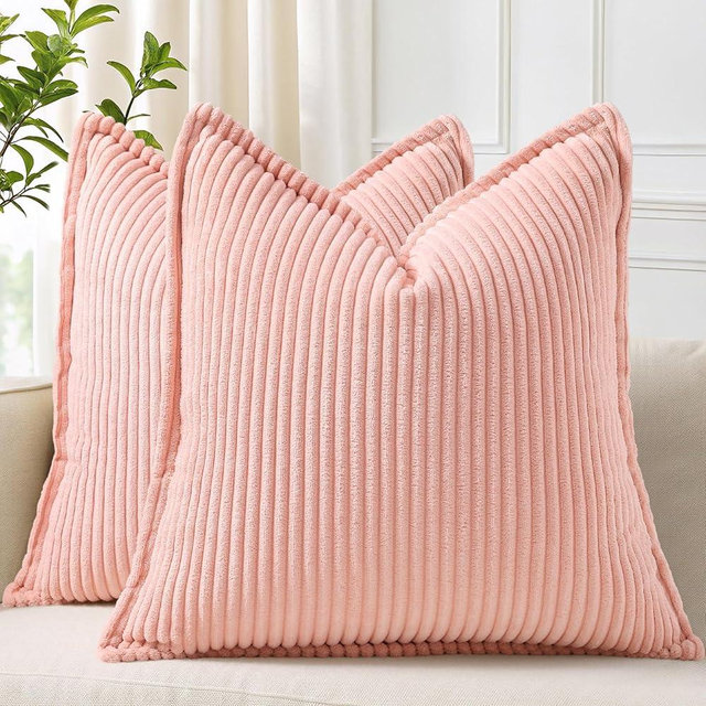 decorUhome Corduroy Pink Throw Pillow Covers 18x18 Set of 2 Decorative Soft Boho Farmhouse Euro Sham Couch Pillow Covers for Living Room Bed Sofa Broadside Striped Pillow Cases