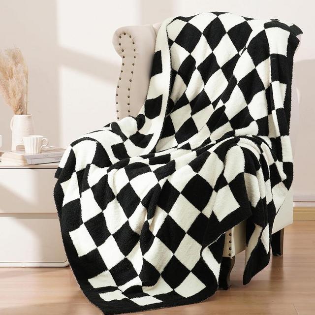 PHF Checkered Throw Blanket for Couch, Soft Knit Fluffy Checkerboard Fleece Blanket, Cozy Lightweight for Bed Sofa, Black, 50" x 60"