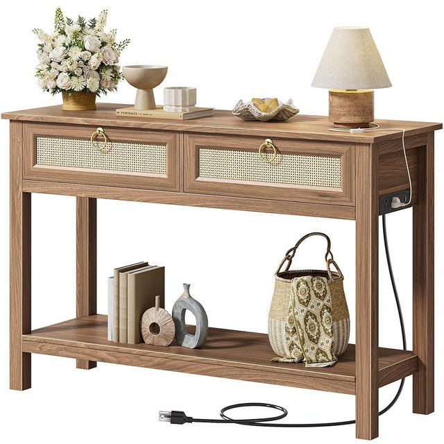 SUPERJARE Rattan Console Sofa Table with Outlets and USB-C Port, 2 Drawer Entryway Table with Synthetic Rattan Surface, 39 Inch, Open Shelf, Behind Couch Entry Foyer Hallway Storage, Brown