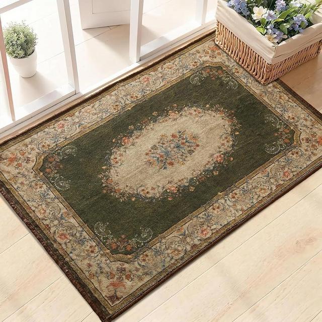 StangH Entryway Rug 2x3 Washable Low-pile Area Rug for High Traffic, Green Floral Design Soft Faux Wool Pet Friendly Floor Carpet for Bathroom Kitchen Sink Bedside