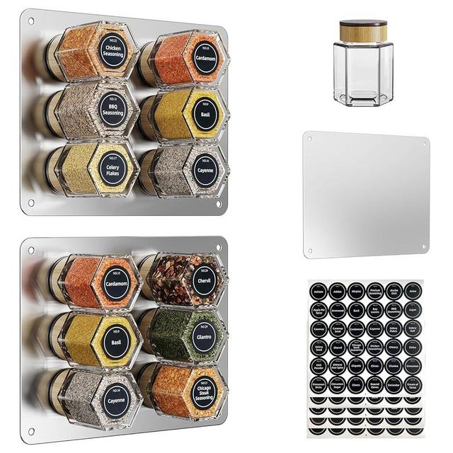 Vetacsion Set of 12 Magnetic Spice Tins with 2 Black Metal Wall-Plates,100 Preprinted Seasoning Label Stickers,2 Styles for 3 oz Herb Jars (12 PCS)