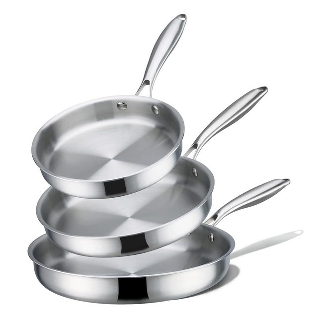 CAROTE 3-Piece Tri-Ply Stainless Steel Frying Pan Set, Skillet Set 8"/10"/12", Induction Compatible, Oven & Dishwasher Safe, Silver Handle