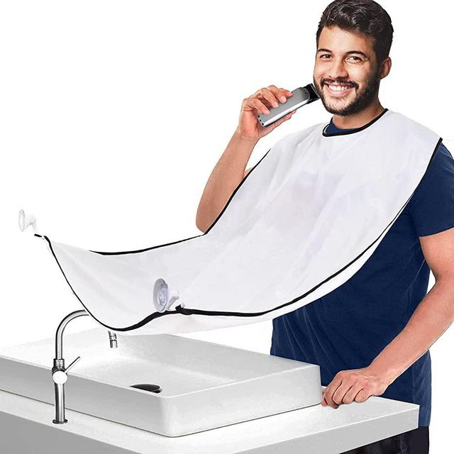 Beard Trimming Catcher Bib, Beard Hair Catcher for Men Shaving, Non-Stick Beard Apron Cape Grooming Cloth, Waterproof, with 4 Suction Cups, Christmas Gifts for Men - White