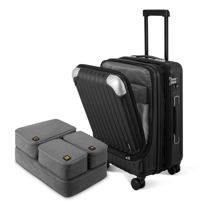 LEVEL8 Grace EXT Carry On Luggage Airline Approved with 4 Set Packing Cubes, 20" Expandable Hardside Carry On Suitcase With Wheels, ABS+PC Small Luggage with TSA Lock - Black, 20-Inch