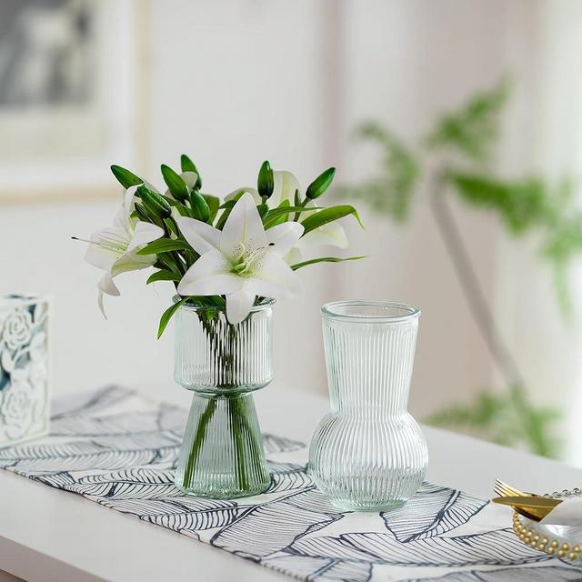 Glasseam Glass Vases for Flowers, Modern Ribbed Vase Set of 2, Fluted Cute Flower Vase, Small Vases for Centerpieces, Aesthetic Clear Vases for Decor, Decorative Vases for Living Room Decorations
