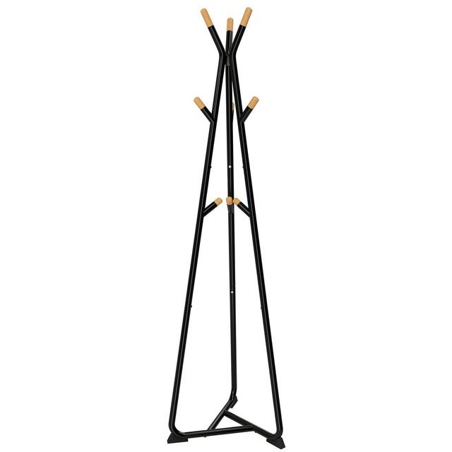 SONGMICS Coat Rack Stand, Coat Tree, Hall Tree Free Standing, with 9 Beech Wood Hooks, for Clothes, Hat, Bag, Black, Natural Grain URCR15BY