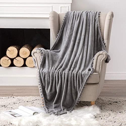 MIULEE Fleece Throw Blanket with Pompom Tassel Soft Flannel Cozy Light Grey Bed Blanket Fuzzy Plush Warm Farmhouse Boho Decor for Couch Sofa Bed Twin Size 60"x80"