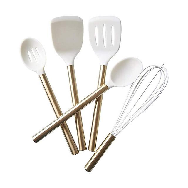 Silicone & Gold Cooking Utensils by CIROA | Set of 5 White & Stainless Steel Modern Kitchen Tools