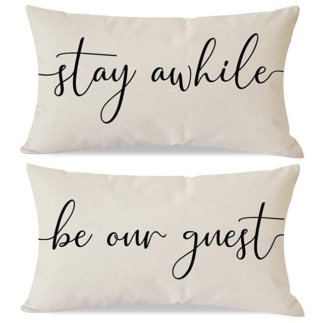 PANDICORN Set of 2 Farmhouse Pillow Covers 12x20 with Words Stay Awhile Be Our Guest for Home Décor, Lumbar Throw Pillow Cases for Guest Room Outdoor Porch Chair