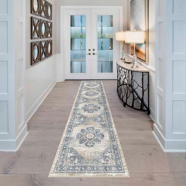 YOUFORTONG Runners for Hallways Soft Kitchen Rug Non Slip Rug Runner with Rubber Backing for Bathroom Washable Non Shedding Farmhouse Runner Rug (Blue, 2X10)