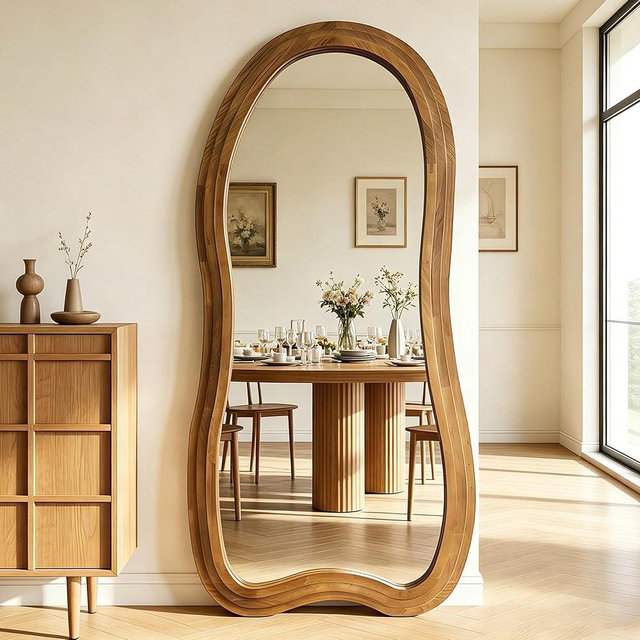 DAOYIJIAJU Large Irregular Floor Mirror, 67"x31.5" Organic Shaped Mirrors with Triple-Layer Solid Wood Frame, Asymmetrical Full Length Mirror for Entryway Living Room Bedroom Hallway, Leaning/Hanging