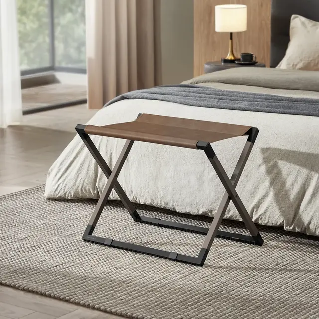 SONGMICS Luggage Rack, Foldable Suitcase Stand, Metal Luggage Holder, Synthetic Leather, Hotel, Bedroom, Walnut Brown and Ink Black
