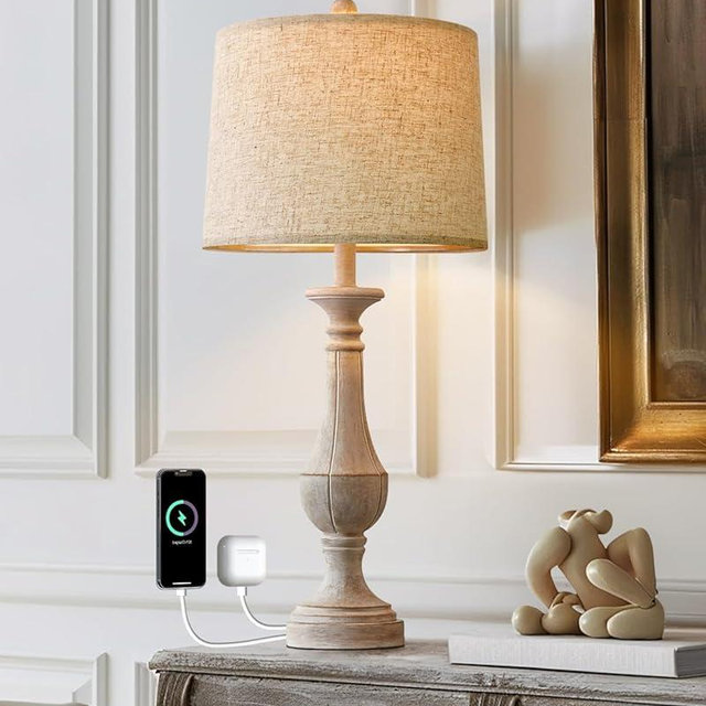 PoKat 27.25'' Table Lamp for Living Room with 2 USB Ports - Bedside Lamps for Night Stands, Farmhosue Nightstand Light Lamp, Mid Century Tall Lamp for Bedroom, Living Room, End Table, Distressed White