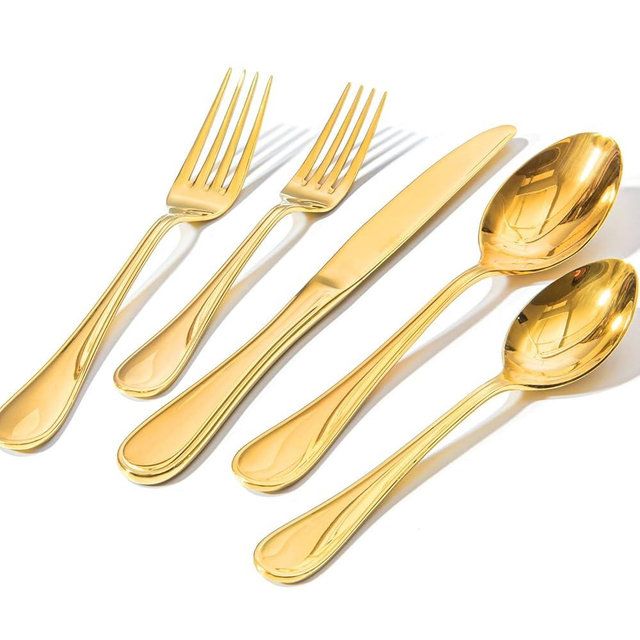 KINGSTONE 60 Piece Teardrop Gold Silverware Set for 12, 18/10 Stainless Steel Flatware Set, Modern Design Cutlery Set for Home/Hotel/Wedding,Mirror Polished and Dishwasher Safe