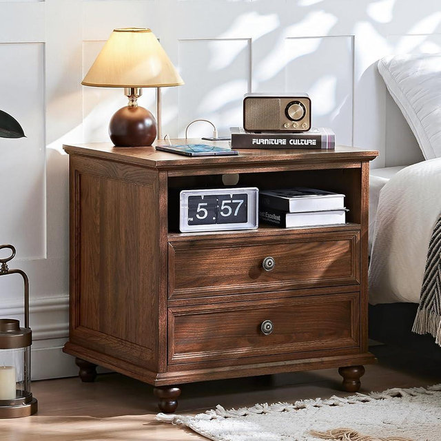 Joaxswe 24" Wide Farmhouse Nightstand with Charging Station, End Table with 2 Drawers, Brown Wood Dresser for Bedroom Cabinet, Bed Side Table Chest of Drawers, Night Stand for Living Room, Closet