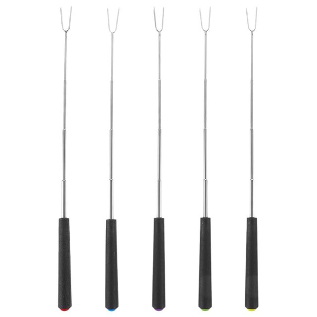 CATIEBYE Stainless Steel Bbq Forks Set of 5 with Colorful Plastic Handles Manual Rotating Grilling Forks for Outdoor Cooking Hot Dogs Kebabs Family Barbecue Tools