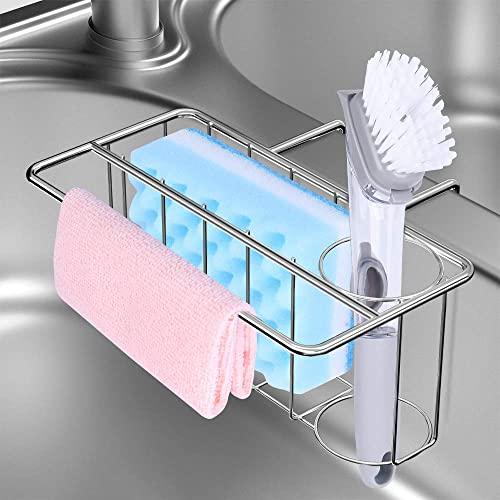 Sponge Holder for Kitchen, 3-in-1 Sink Caddy, Brush, Dish Towel, Sponge Sink Organizer Liquid Drainer Rack - SUS304 Stainless Steel