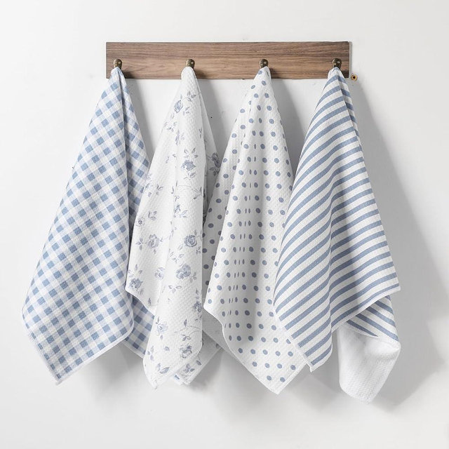 VitalCozy Blue and White Waffle Kitchen Towels Vintage Floral Kitchen Towels Set of 4 Dish Cloth 18 x 28 Inch Decorative Hand Drying Tea Towel for Farmhouse Cooking Baking Cleaning Wipes (Chinoiserie)