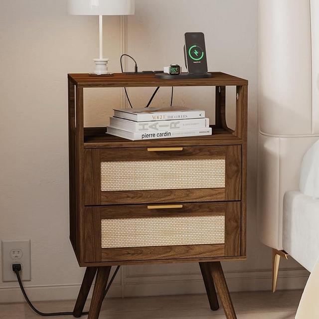 JOONEE Rattan Nightstand with Charging Station,Farmhouse Bedside Table with 2 Storage Drawer and Open Wood Shelf, for Bedroom and Small Spaces,Night Stand with Solid Wood Legs (Walnut Brown-Outlet)