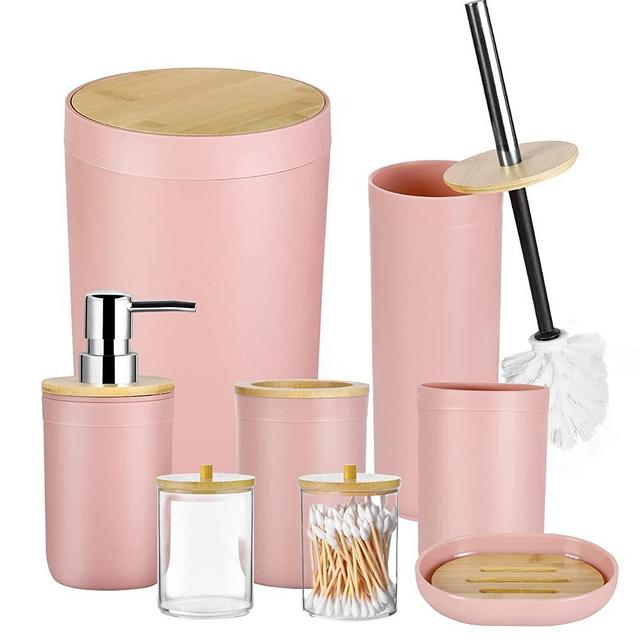 iMucci 8Pcs Pink Bathroom Accessories Set - with Trash Can Toothbrush Holder Soap Dispenser Soap and Lotion Set Tumbler Cup…