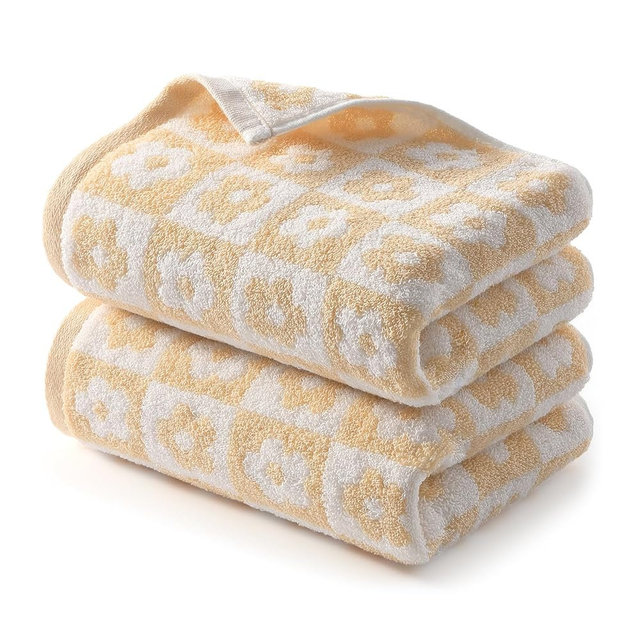 REDKISS 2 Pack Floral Hand Towels for Bathroom, 100% Cotton Soft Absorbent Cute Decorative Checkered Towel Set for Kitchen, Guest, Gym and Spa, 13”x 29”, Yellow