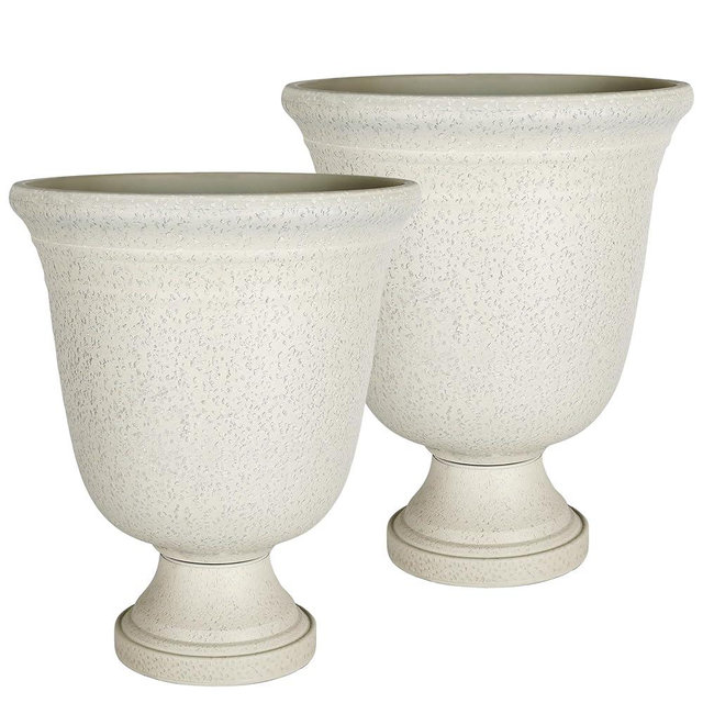 Worth Garden 2-Pack 19.5" H Plastic Urn Planters, Grayish White Large Lightweight Imitation Stone Textured Decorative Flower Plant Pots with Drainage Hole for Indoor Outdoor Patio Front Porch