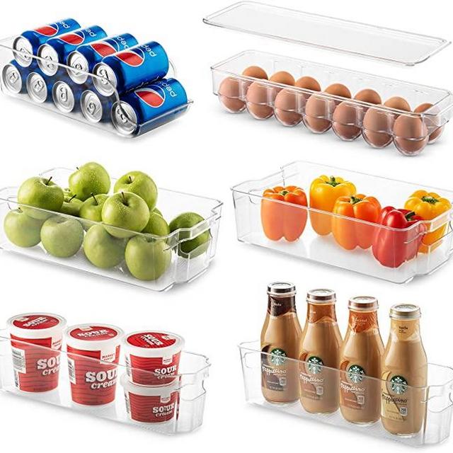 Set Of 6 Refrigerator Organizer Bins - Stackable Fridge Organizers for Freezer, Kitchen, Countertops, Cabinets - Clear Plastic Pantry Storage Racks