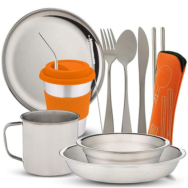 10-Piece Camping Dish Set - Stainless Steel Camp Mess Kit with Mesh Bag for Camping, Backpacking, Hiking - Complete Camping Dinnerware Set with Cup, Plate, Bowl, and Cutlery (with Zipper Cutlery Bag)