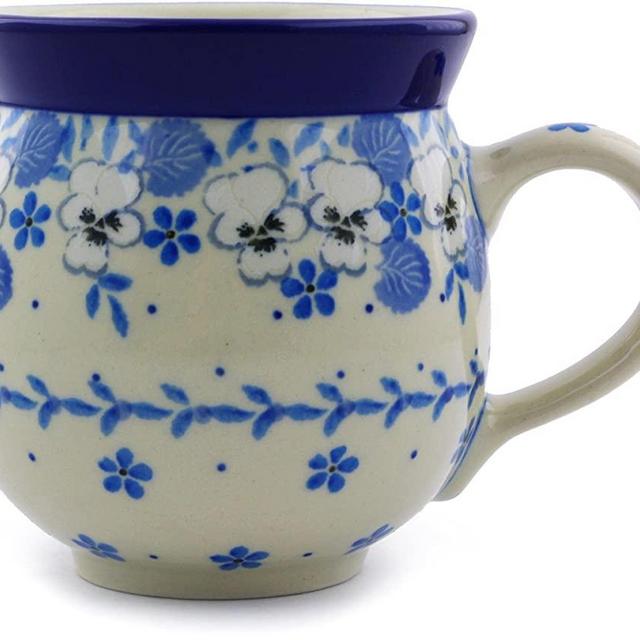 Polish Pottery Bubble Mug 12 oz made by Ceramika Artystyczna (White Pansy Theme)