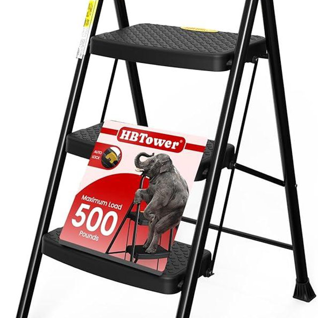 HBtower 3 Step Ladder Sturdy, Heavy Duty Step Stool for Adults, Wide Anti-Slip Pedal Step Ladder Folding Step Stool for Home Kitchen Garage Outdoor