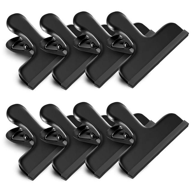 HOUSE AGAIN 8 Pack Stainless Steel Chip Bag Clips Covered with Silicone - NO More Sharp Edges - Color Coded for Food Bags - Air Tight Seal, Heavy Duty for Kitchen and Office, 3 Inches Wide, Black