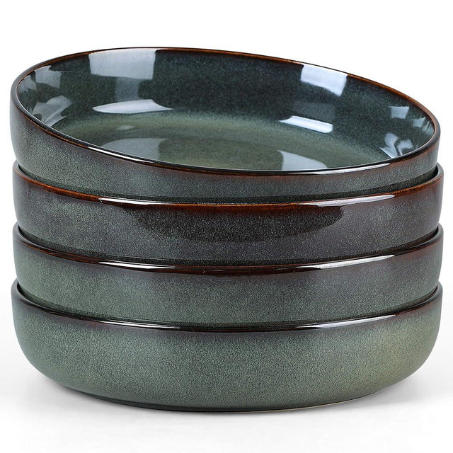 Herogo Stoneware Pasta Bowls Set of 4, 37 Ounce Large Wide Shallow Plates and Stackable Serving Bowls Sets for Salad Soup Cereal, Microwave & Dishwasher Safe, Dark Green