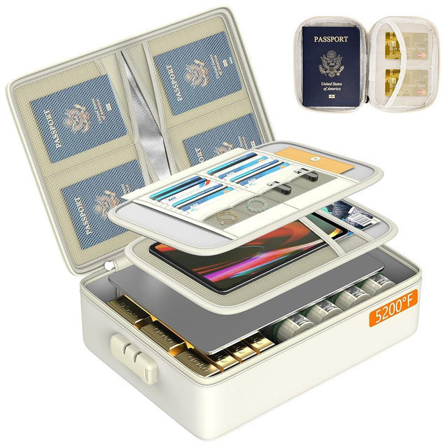 Grothery 5200°F Fireproof Document Organizer with Lock Fireproof & Waterproof File Organizer Box 8 Layer Heat Insulated Aluminum Foil Important Box Document Fire Proof Passport Travel Doc Holder Beige