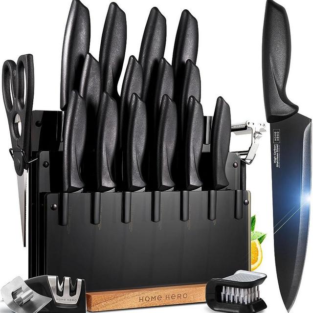 Kitchen Knife Set, 20 Pcs - Kitchen Accessories Set with Sleek Acrylic Stand - Kitchen Knives, Black Knife Set - Stainless Steel Knife Set, Knife Block Set, Knife Set with Sharpener - Kitchen Gadgets