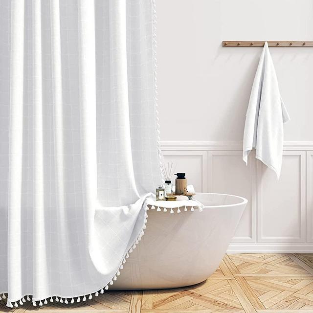 BTTN Boho Farmhouse Shower Curtain, Linen Rustic Heavy Duty Fabric Shower Curtain Set with Tassel, Bohemian Country Ultra Thick Shower Curtain for Bathroom, Wrinkle Free, Water Repellent, White, 72x72