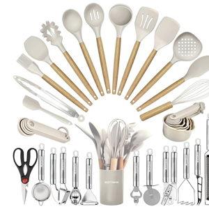 Kitchen Utensils Set- 35 PCs Cooking Utensils with Grater,Tongs, Spoon Spatula &Turner Made of Heat Resistant Food Grade Silicone and Wooden Handles Kitchen Gadgets Tools Set for Nonstick Cookware