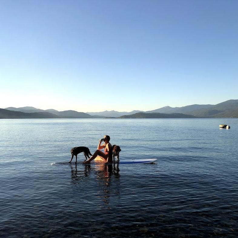 Towhee, May, and Auggie at sunset on Priest Lake. 2020.