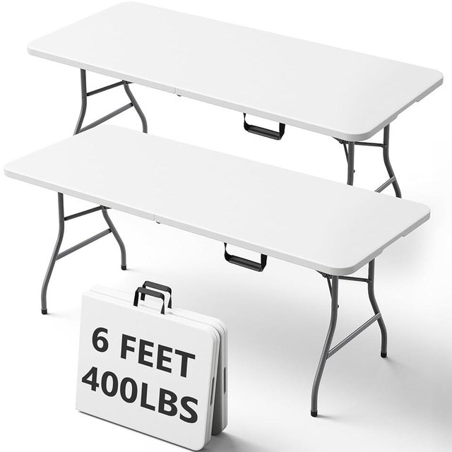 MAKE CHANGES 6FT Folding Table, Heavy Duty Plastic Fold-in-Half Utility Table with Handle, Portable Camping Picnic Table with Steel Legs for Indoor Outdoor Party, Dining, White,2 Pack
