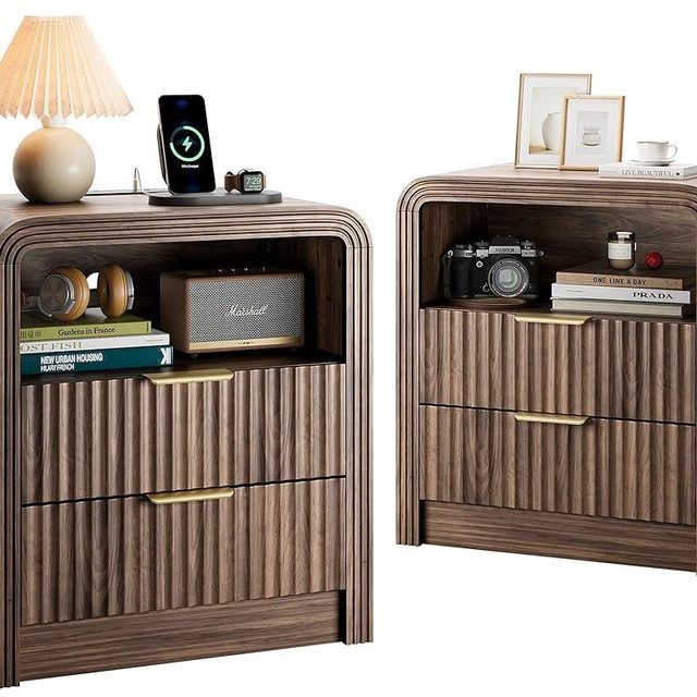 Fluted Nightstand Set of 2 with Charging Station, 19.7'' Wide Modern End Table with USB/Type-C Ports, 2 Drawers & Open Shelf, Curved Profile Design, Wood Bedside Table for Bedroom (Walnut)