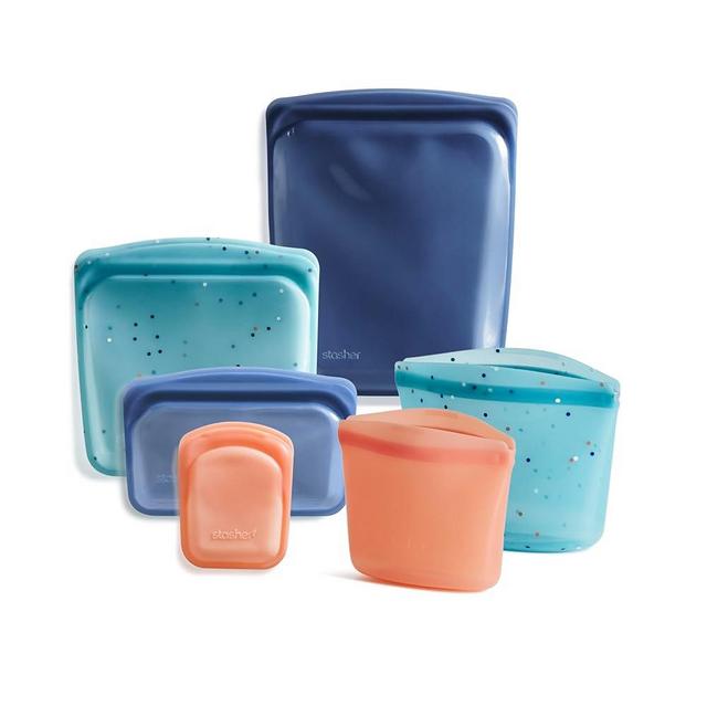 Stasher Reusable Silicone Storage Bag, Food Storage Container, Microwave and Dishwasher Safe, Leak-free, Sandwich + Snack + Bowl + Pocket + Half Gallon Bundle 6-Pack, Sea Spray
