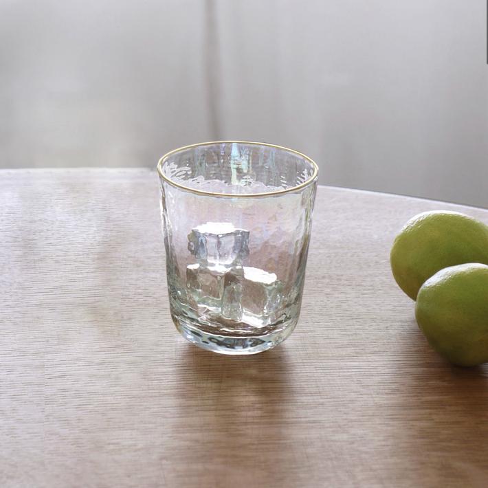 Beatriz Ball Mother of Pearl Stemless All Purpose Glass with Gold Rim Set of 4 (Clear and Gold)