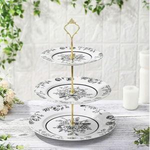 Lallisa Black Floral 3 Tier Dessert Stand 10", 9" and 7" Ceramic Vintage Chinoiserie Tea Party Tiered Tray Cake Stand Display Holder Tower for Halloween Wedding Baby Shower Bridal Shower Tea Party