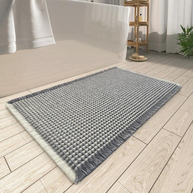 Upgraded Waffle Bath Mat, Super Absorbent Non Slip Bath Mats for Bathroom Floor, Machine Washable Bathroom Rugs with Tassels, Rubber Backed Bathroom Mats, Ultra Soft, 18" x 30",DarkGrey & Cream