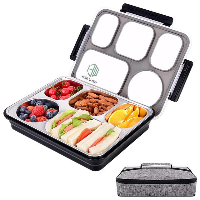 Large Bento Lunch Box with 5 Compartments, Leakproof Lunch Containers with Removable Stainless-Steel Tray for Adults, On-the-Go Meal and Snack Packing, Lunch Bag Included(Black)