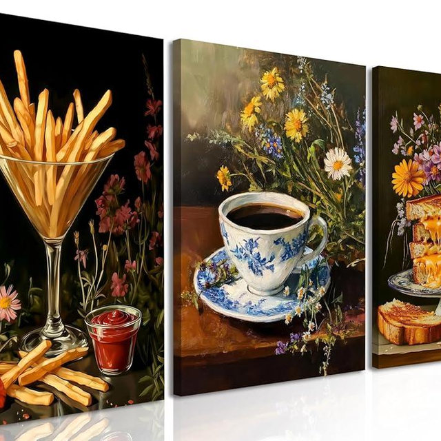 Whimsical Kitchen Wall Art Set of 3, Vintage Food Kitchen Wall Decor Painting Dark Cottagecore Dining Room Still Life Poster Canvas Prints for Bedroom Living Room 12x16 inch Framed