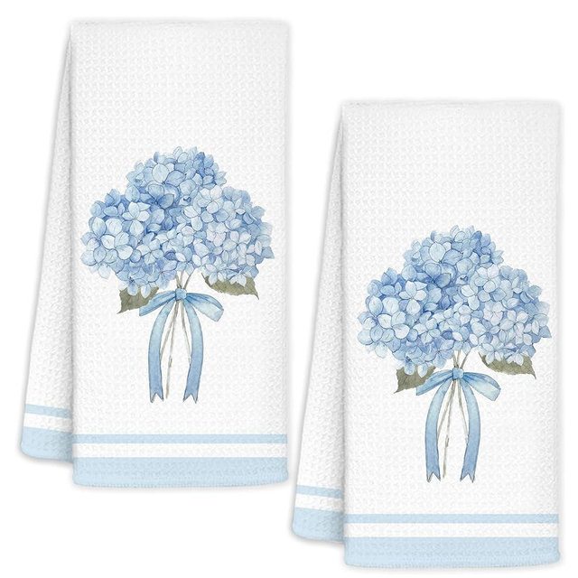 YTRGI Summer Blue Hydrangea Bow Decorative Hand Kitchen Bathroom Towels Set of 2, Blue Hydrangea Bathroom Decor, Flower Floral Hydrangeas Lovers Gifts for Kids Women, 16x24 Inch
