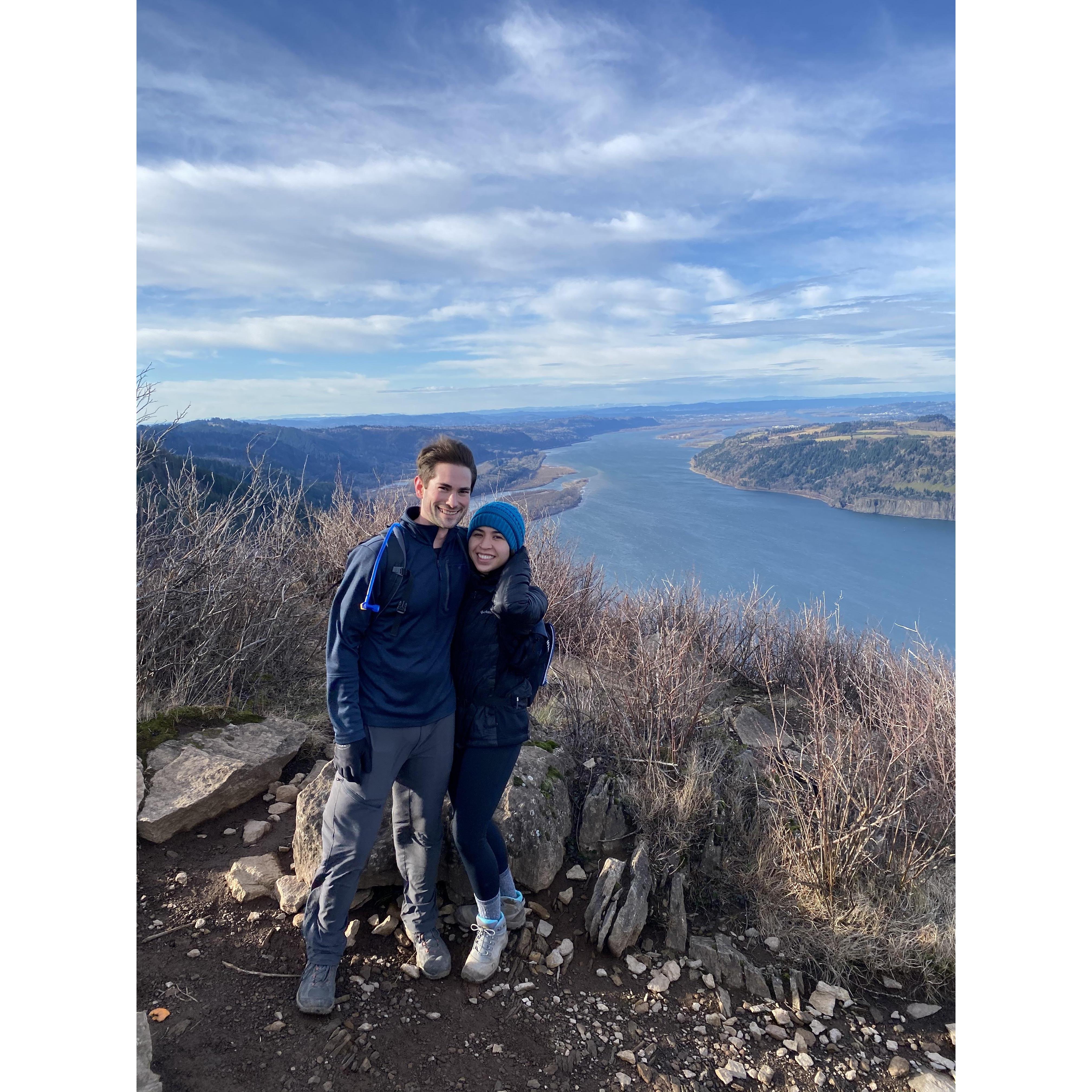 At the top of Angel's Rest just after getting engaged, Dec 2020.