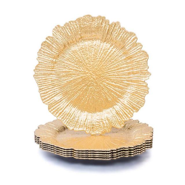 MAONAME Round 13" Gold Charger Plates, Plastic Reef Plate Chargers for Dinner Plates, Wedding, Elegant Décor Place Setting (6, Gold)